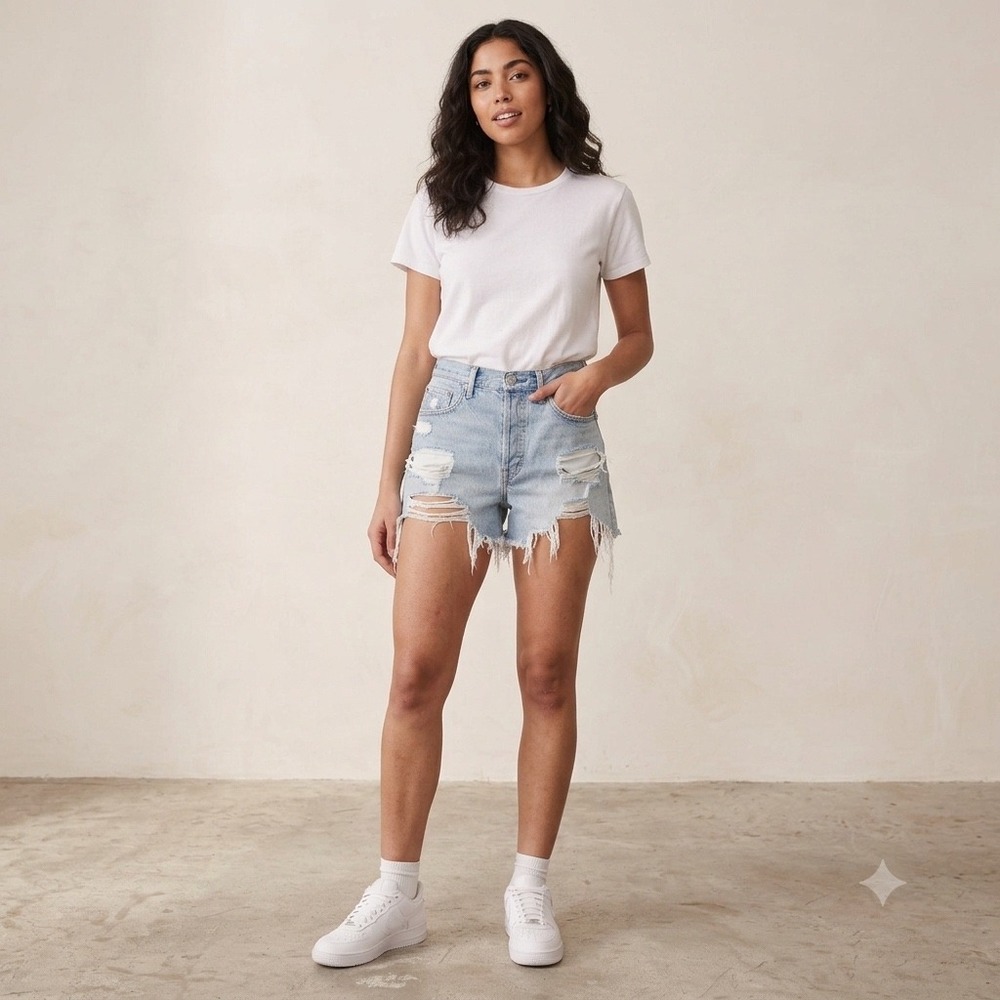 American Eagle Womens Size 6 90s Boyfriend Shorts Blue Denim Distressed Cut Off